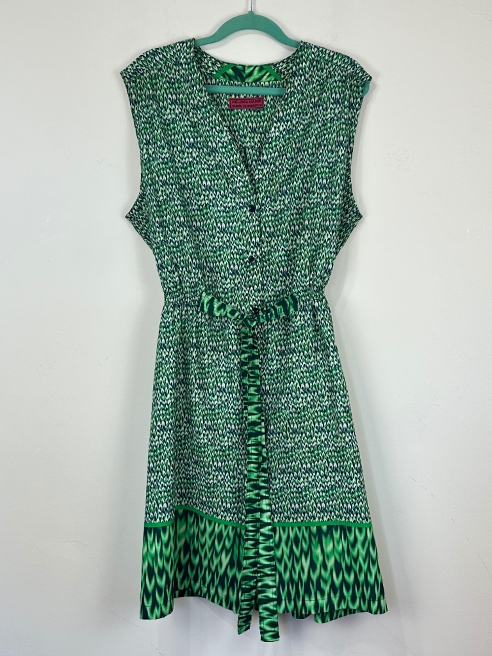 Melissa Masse Silk Blend V-Neck Cap Sleeve Tie Waist Green Animal Print Dress XL
